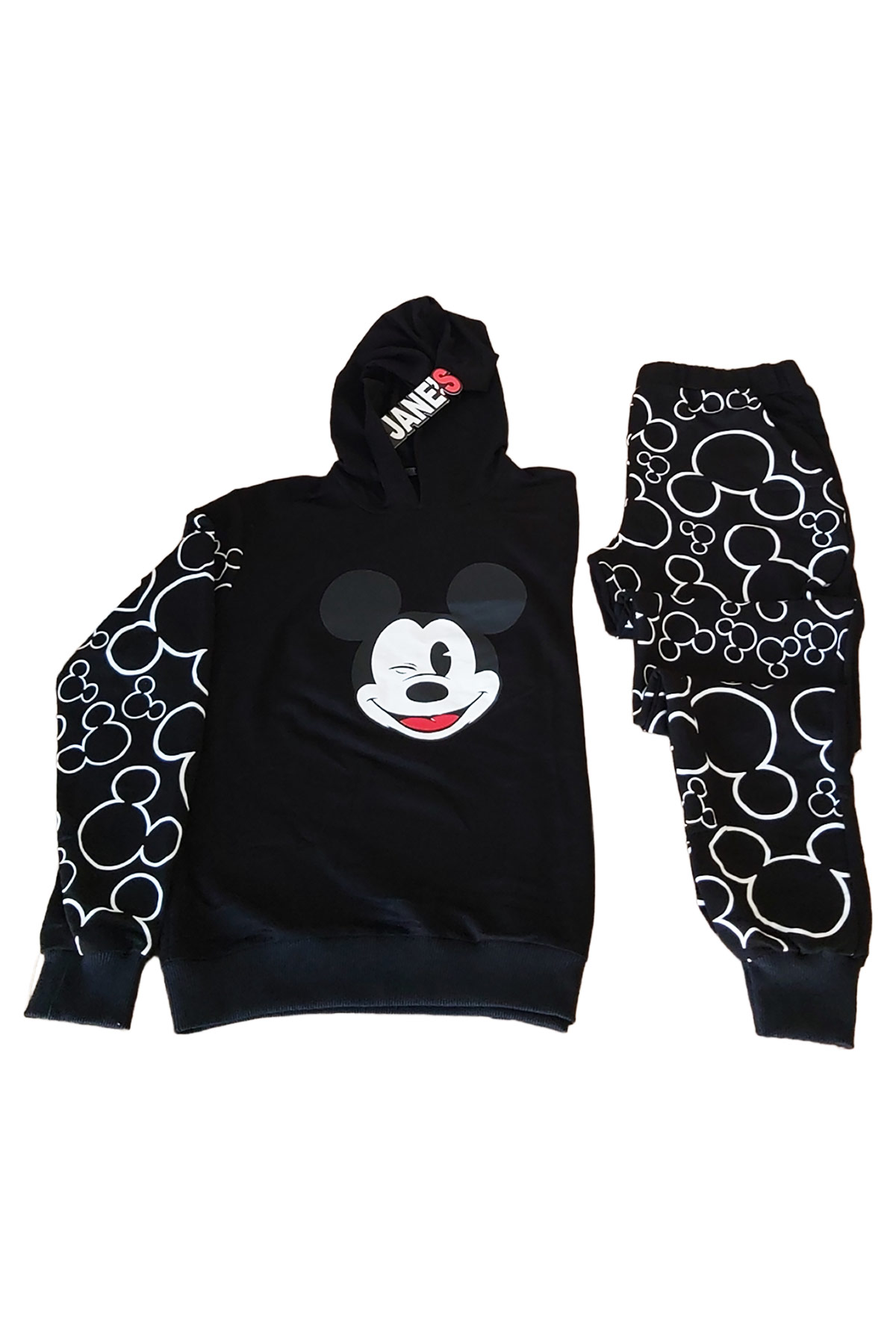 Mickey%20Mause%20Baskılı%20Kapüşonlu%20Siyah%20Pijama%20Takımı