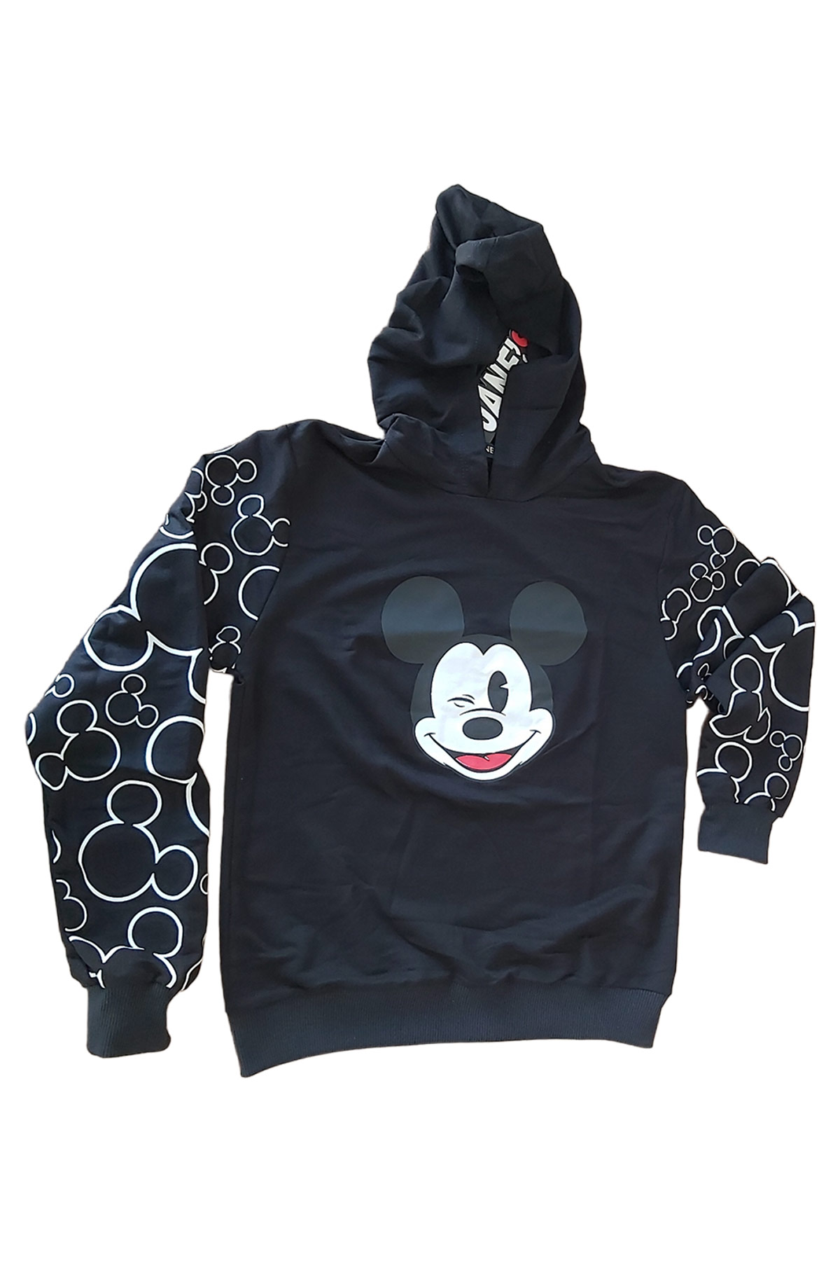 Mickey%20Mause%20Baskılı%20Kapüşonlu%20Siyah%20Pijama%20Takımı