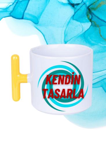 Sarı Saplı Kişiye Özel Baskılı Porselen Kupa Bardak Çay Kahve Fincanı