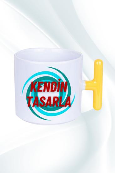 Sarı Saplı Kişiye Özel Baskılı Porselen Kupa Bardak Çay Kahve Fincanı